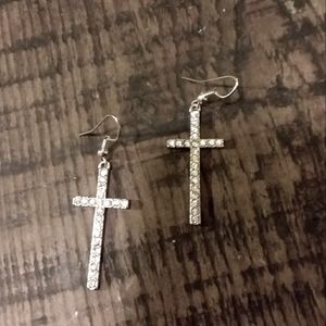 Silver Rhinestone Cross Earrings
